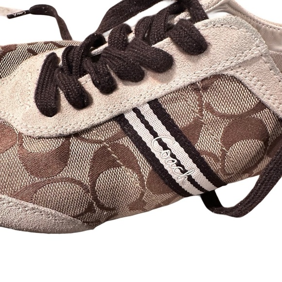 Coach Beyla Suede Lace Up Sneakers Shoes Signature Canvas CreamTan Brown 10M - Picture 5 of 16